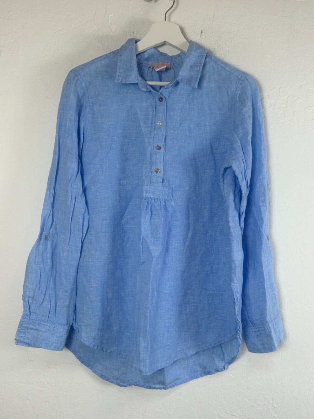St. Tropez West Womens Blue 100% Linen Long Sleeve Popover Shirt Large Casual
